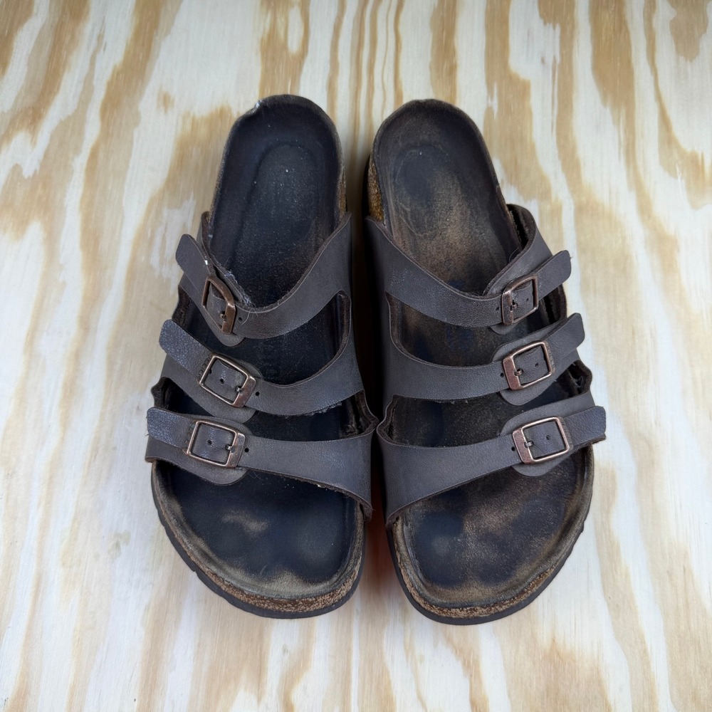Birkenstock Florida Fresh Dark Brown Triple Strap Buckle Sandals Womens 39 L8
